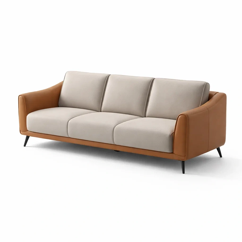 Divano a tre posti in tessuto e pelle pu beige e marrone-LUXEVIBESANCTUARY