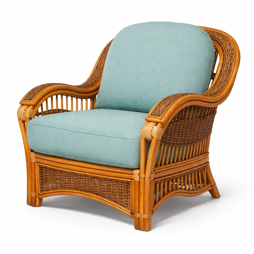 Poltrona in rattan con cuscini in tessuto poliestere azzurro-LUXEVIBESANCTUARY