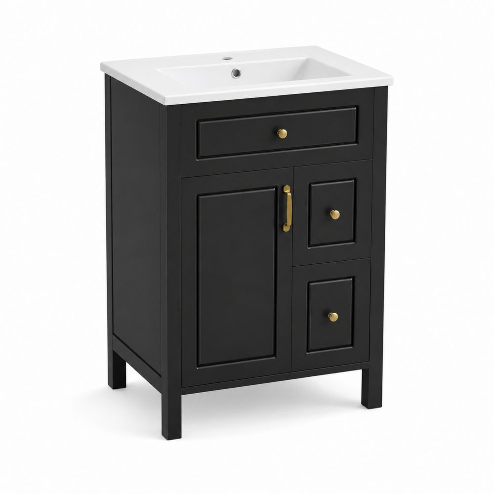 Mueble de baño de MDF negro con tiradores dorados