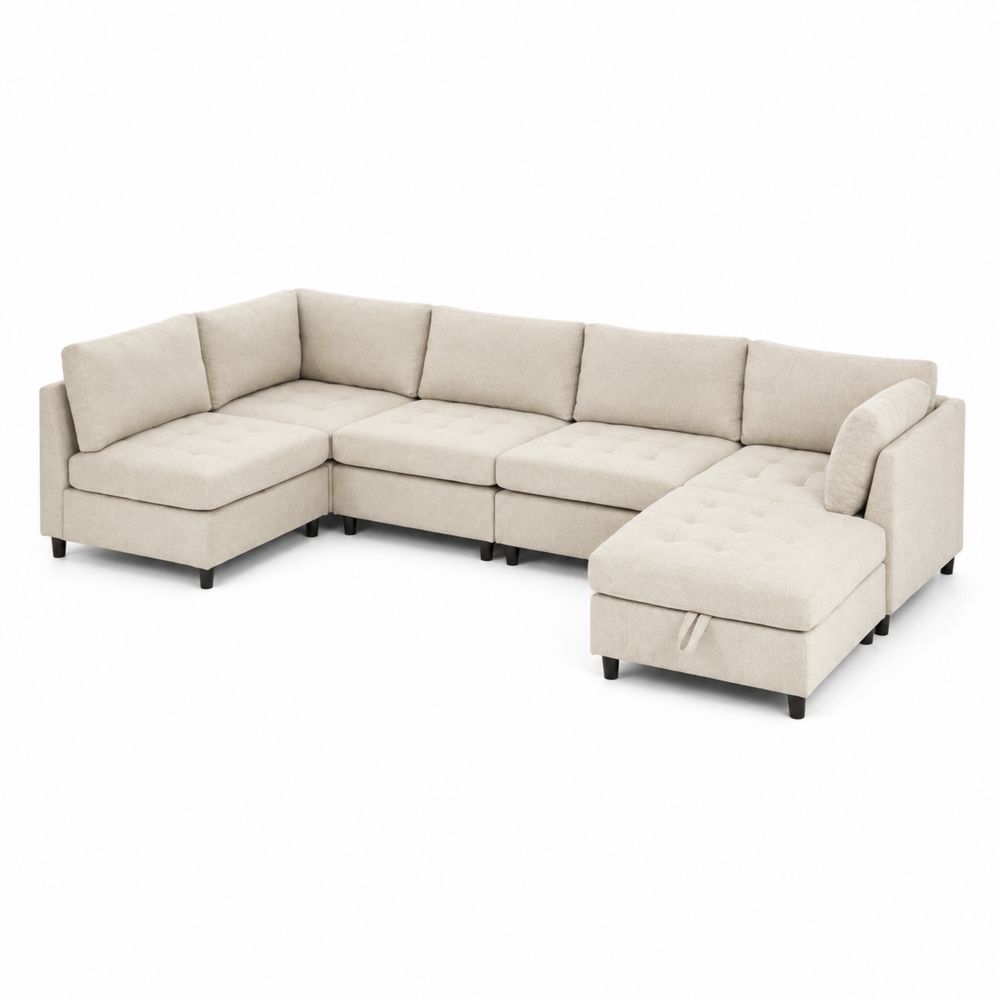 Sofá modular en L de tela beige 6 asientos 300x230 cm