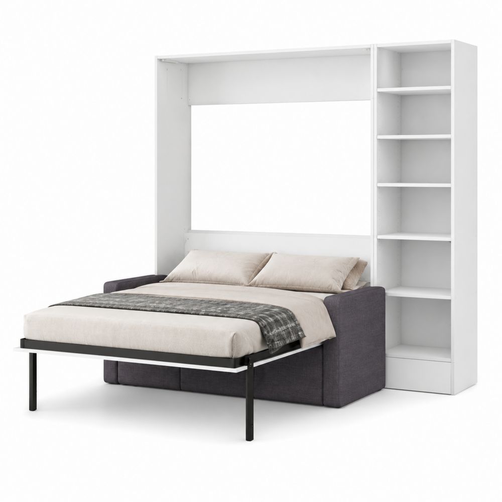 Cama mural con sofá y estantería 200x160 cm metal y poliéster Gris/Blanco