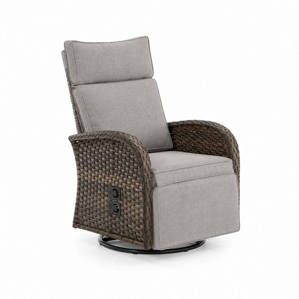 Sillón reclinable de exterior de ratán sintético y cojines de poliéster gris