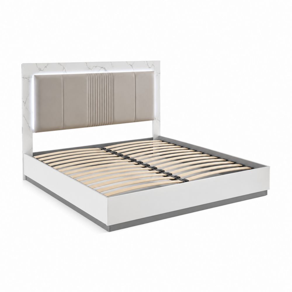 Cama doble con cabecero de cuero sintético, diseño de mármol y luces LED, 160x200 cm
