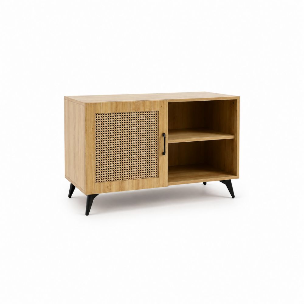 Aparador de Madera con Puerta de Ratán y Estantes Abiertos