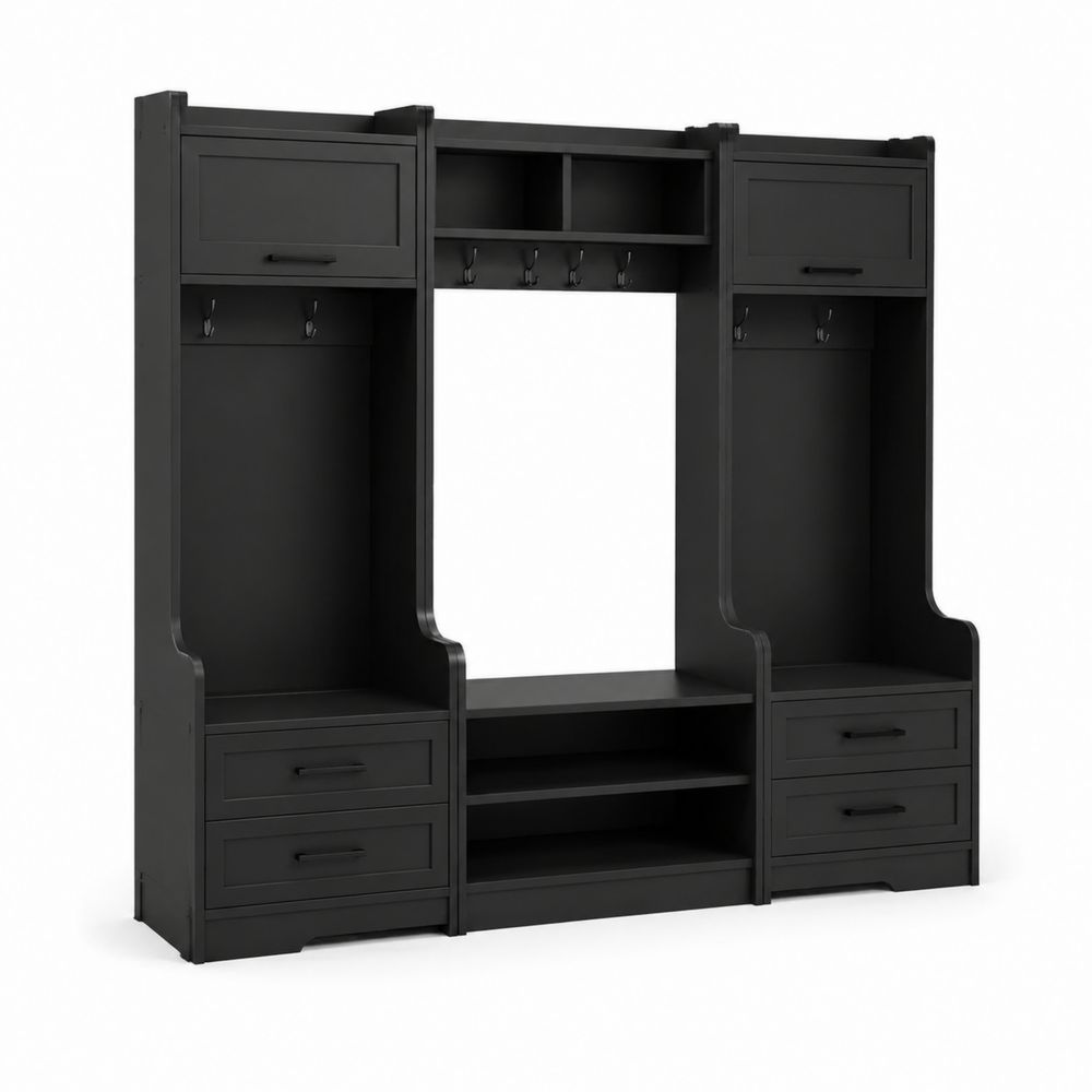 Conjunto de Mueble de Entrada de Madera Negro con Cajones y Estantes