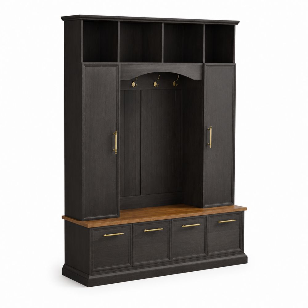 Mueble de Entrada de Madera Negra con Detalles de Metal