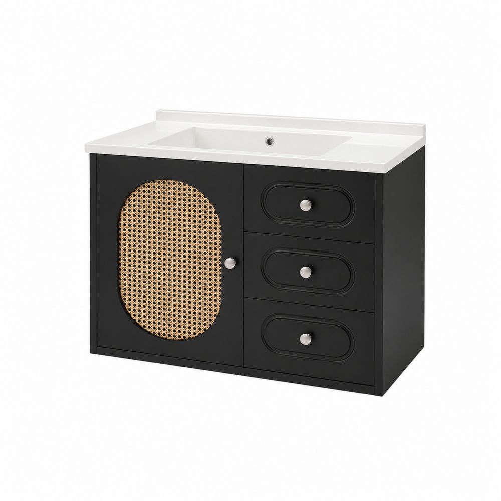 Mueble de lavabo negro con puerta de ratán y 3 cajones
