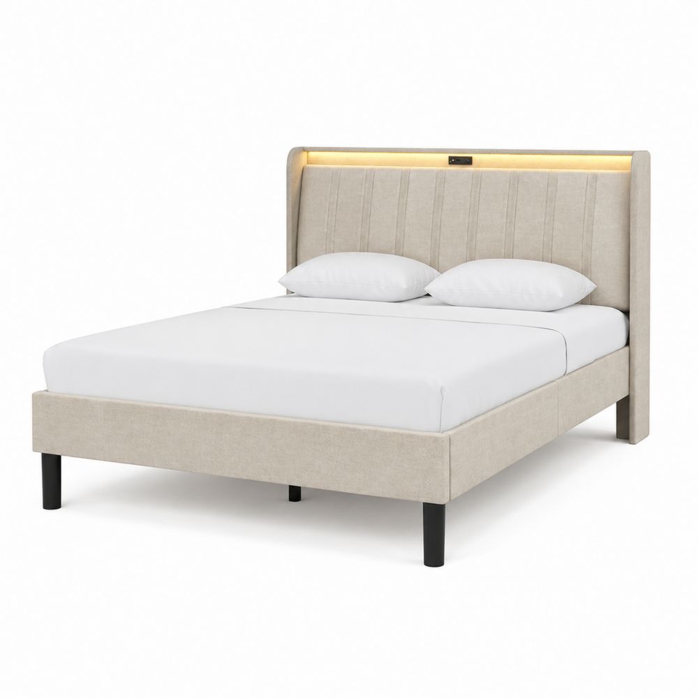 Cama tapizada de poliéster beige con cabecero LED y patas negras