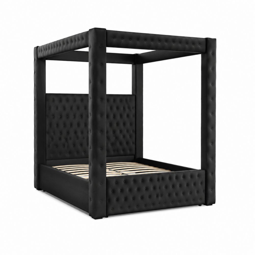 Cama con Dosel Acolchada de Madera y Cuero Sintético Negro 200x150 cm