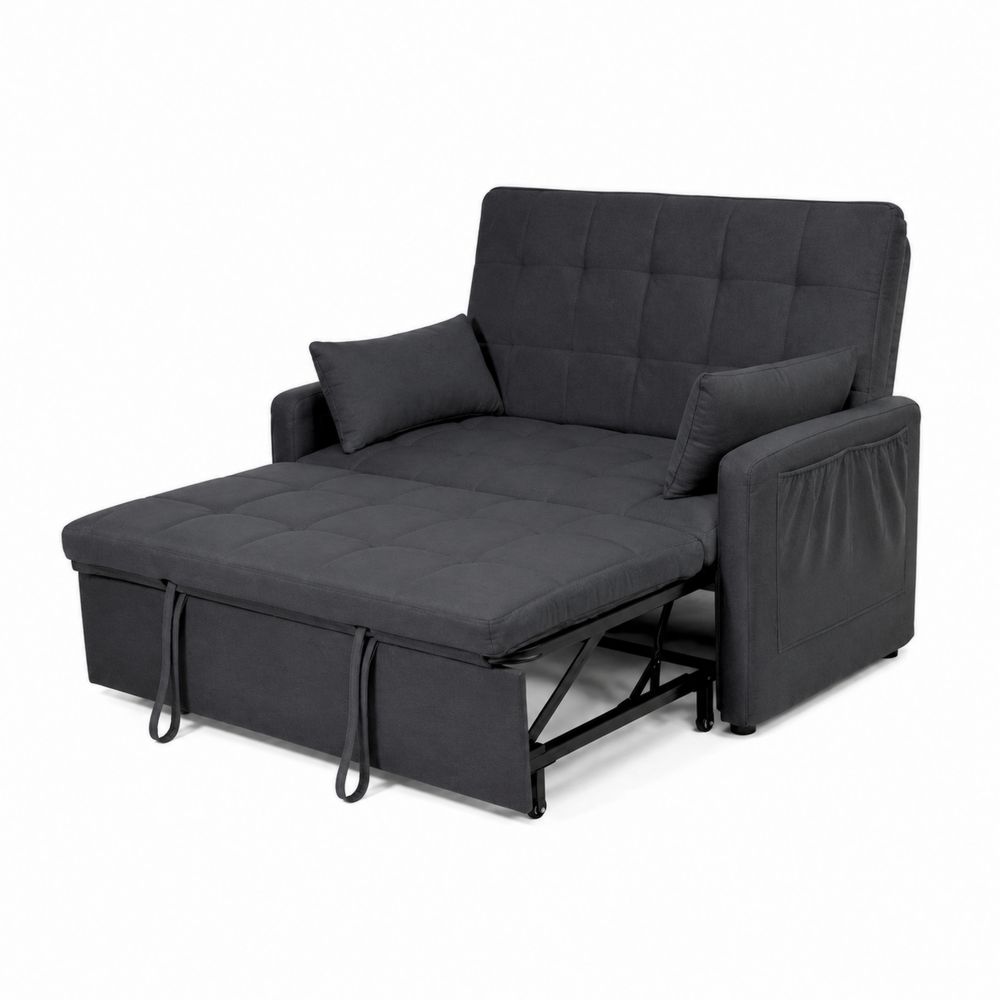 Sofá cama de dos plazas con estructura de metal y textil gris oscuro