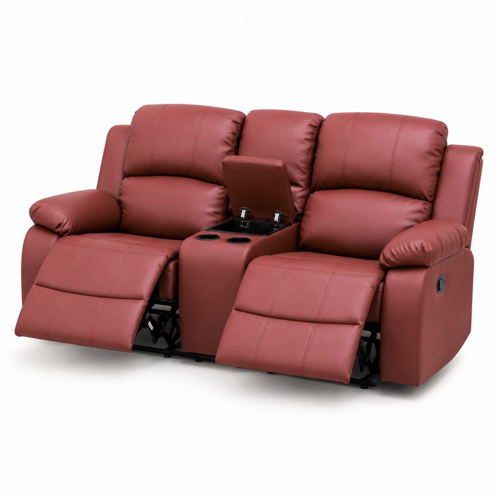 Sofá Reclinable Doble de Cuero PU Marrón con Portavasos