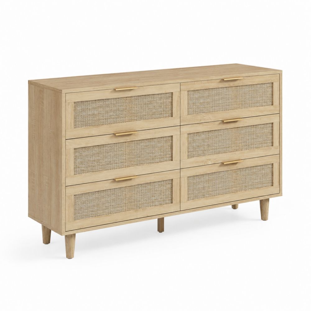 Cajonera de Madera de Caucho y Ratán con 6 Cajones