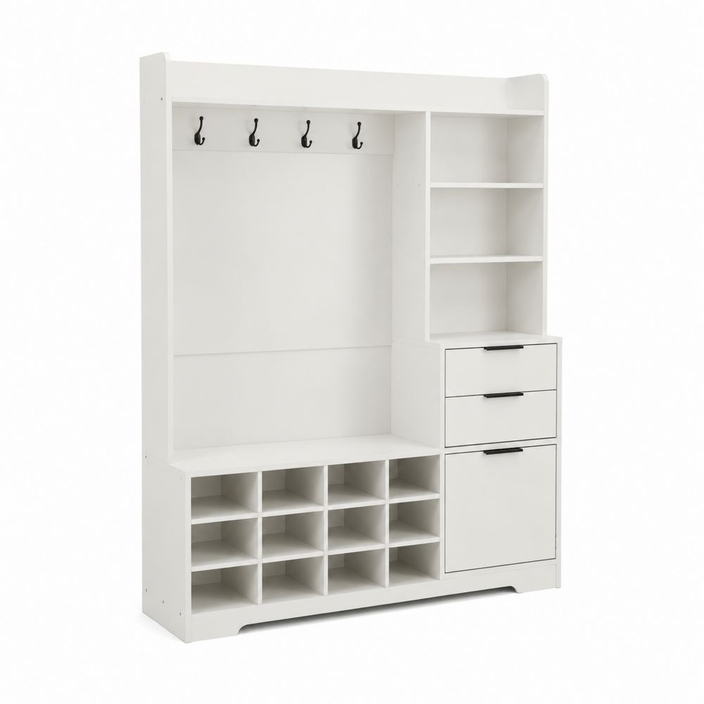 Estante de Almacenamiento de Madera Blanco con Ganchos y Cajones