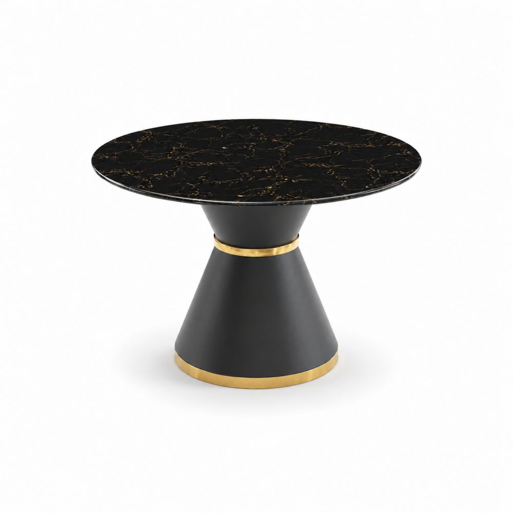 Mesa de comedor redonda de mármol negro y acero inoxidable