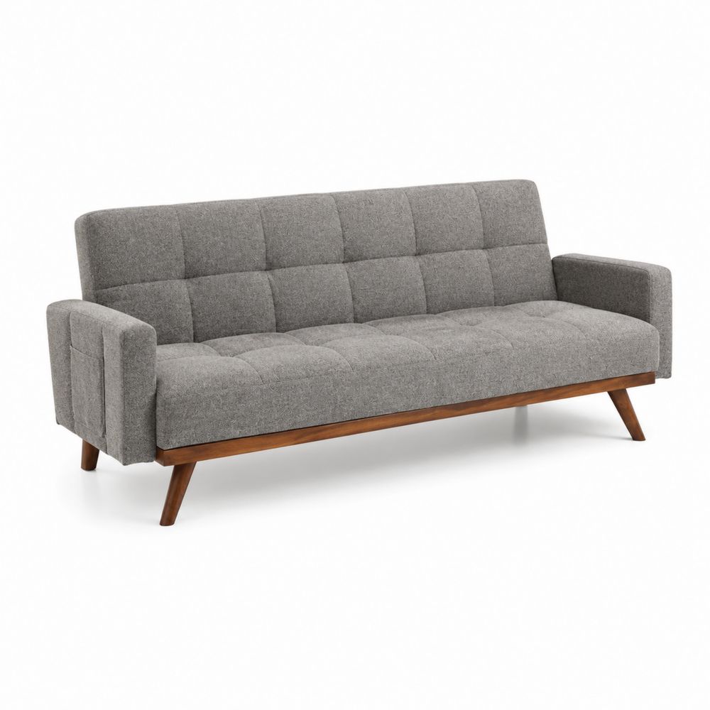 Sofá de tres plazas gris con patas de madera