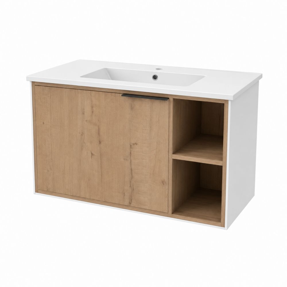 Mueble de lavabo MDF con Encimera de Cerámica Blanco y Madera