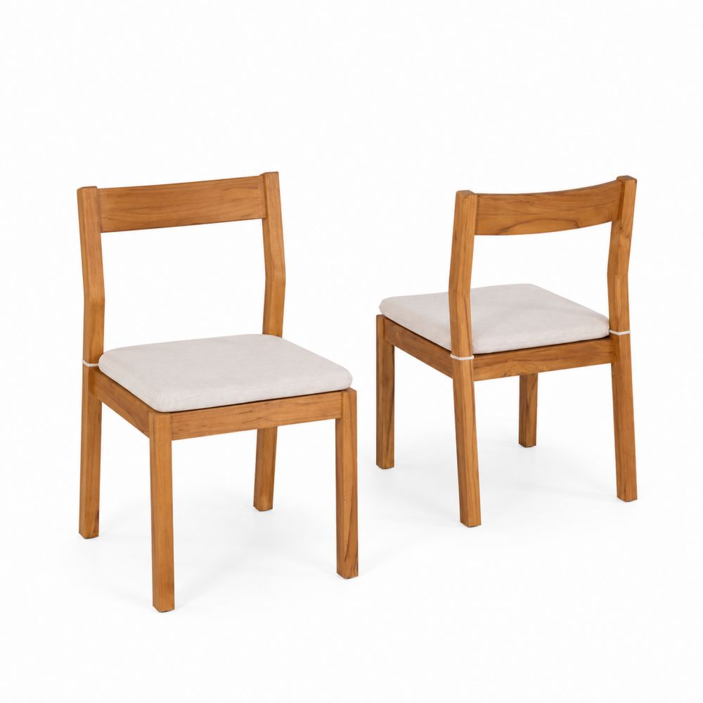 Juego de 2 sillas de madera de teca con cojín de lino beige