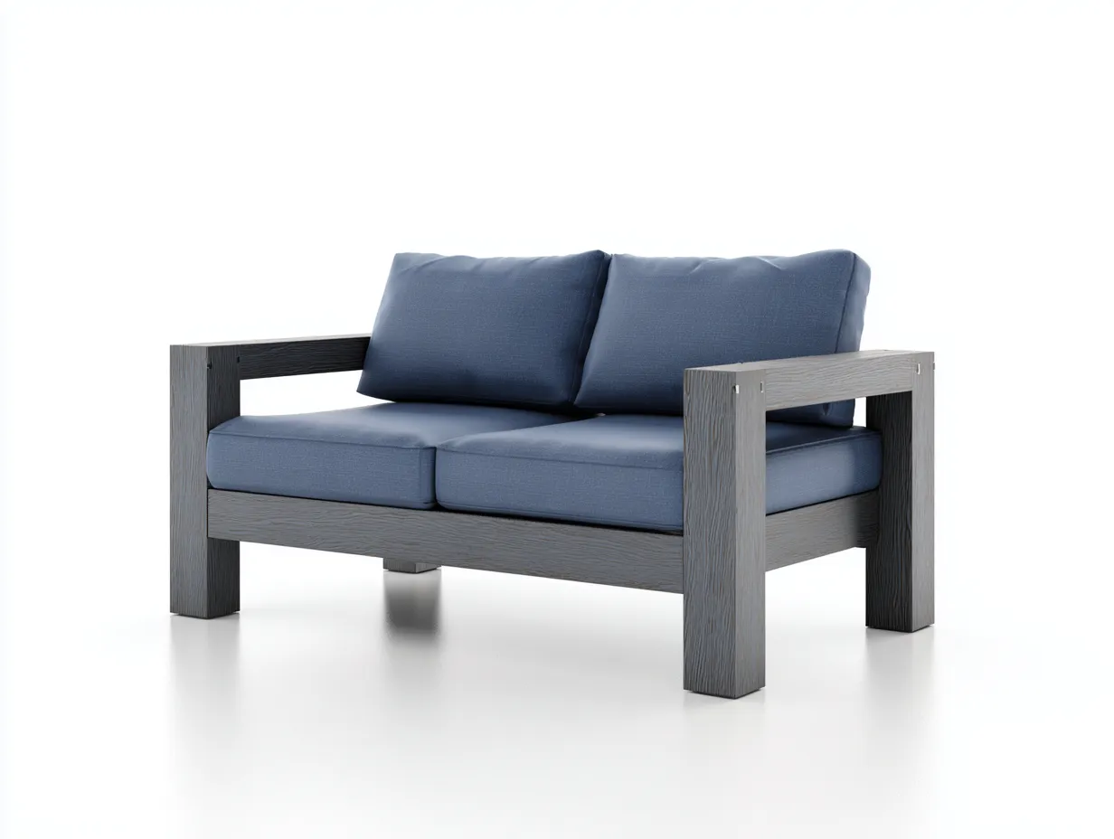 2-Sitzer-Sofa Holz 168x86x77 cm - blau und grau - breite Holzarmlehnen für Outdoor-Simizadecor