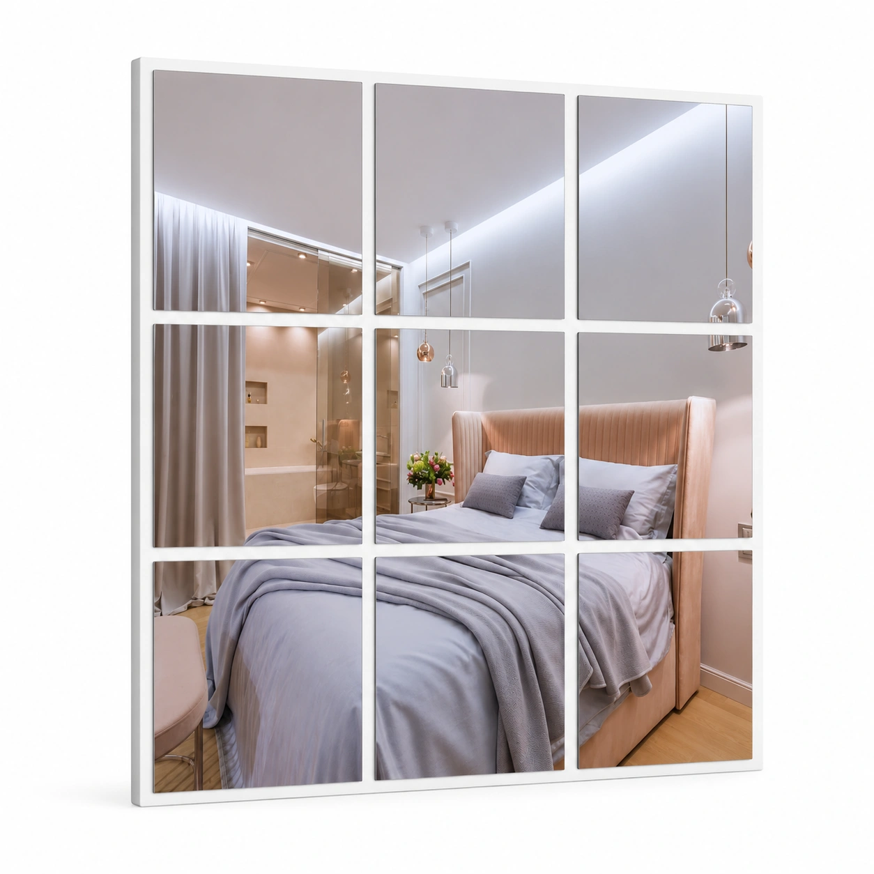 Espejo de pared blanco con diseno de ventana-Casawooda