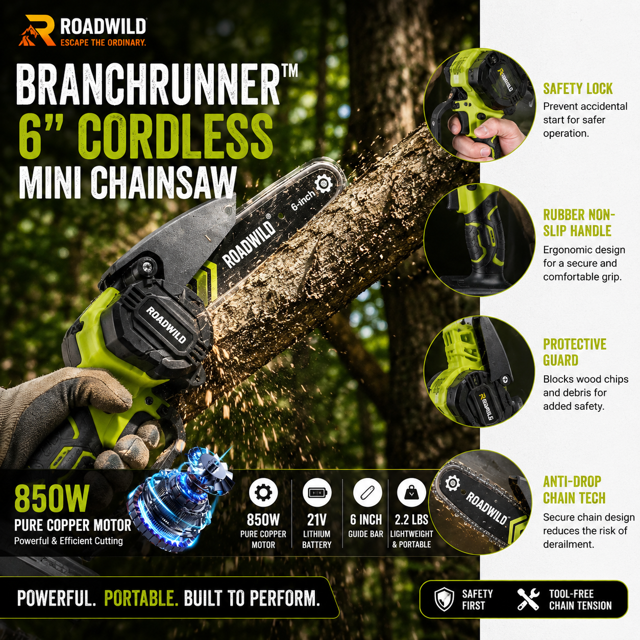 ROADWILD BRANCHRUNNER 6" Cordless Mini Chainsaw - Feature Detail