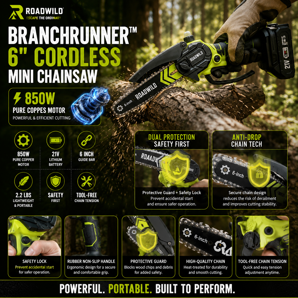 ROADWILD BRANCHRUNNER 6" Cordless Mini Chainsaw - Top View