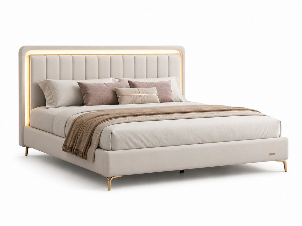 Cama doble de tela poliéster beige con cabecero iluminado y estructura de metal 200x180 cm