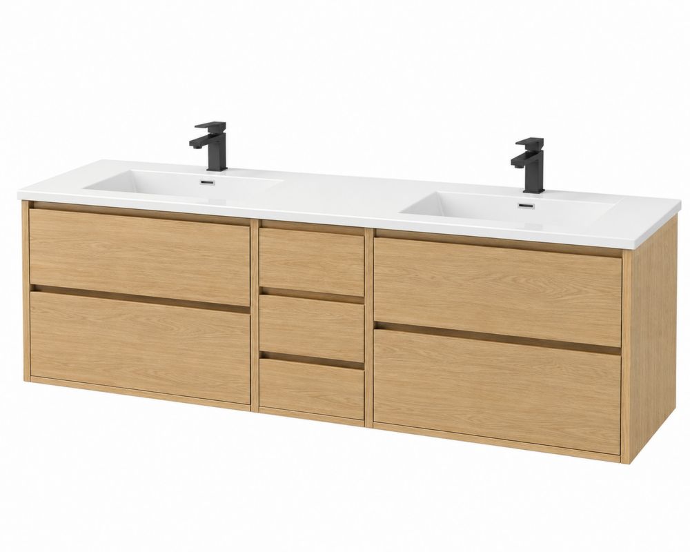 Mueble de baño doble de madera de roble con lavabos de resina