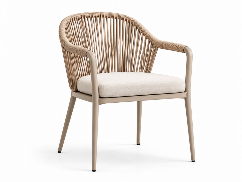 Silla de Aluminio con Respaldo de Cuerda Sintética y Cojín Beige