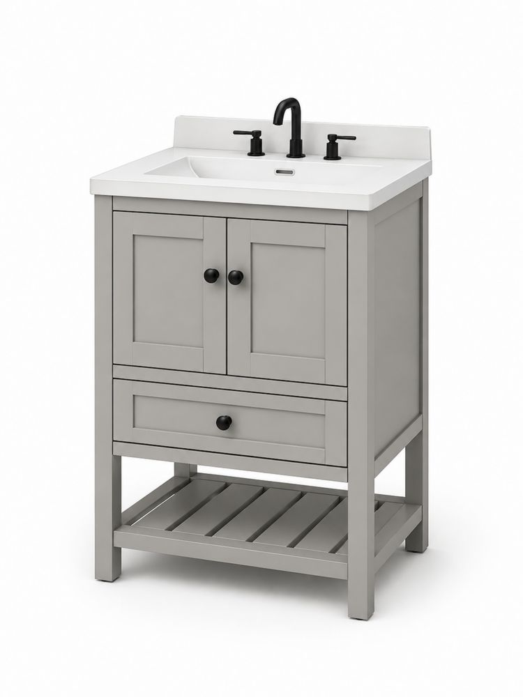 Mueble de lavabo de madera gris con fregadero de cerámica