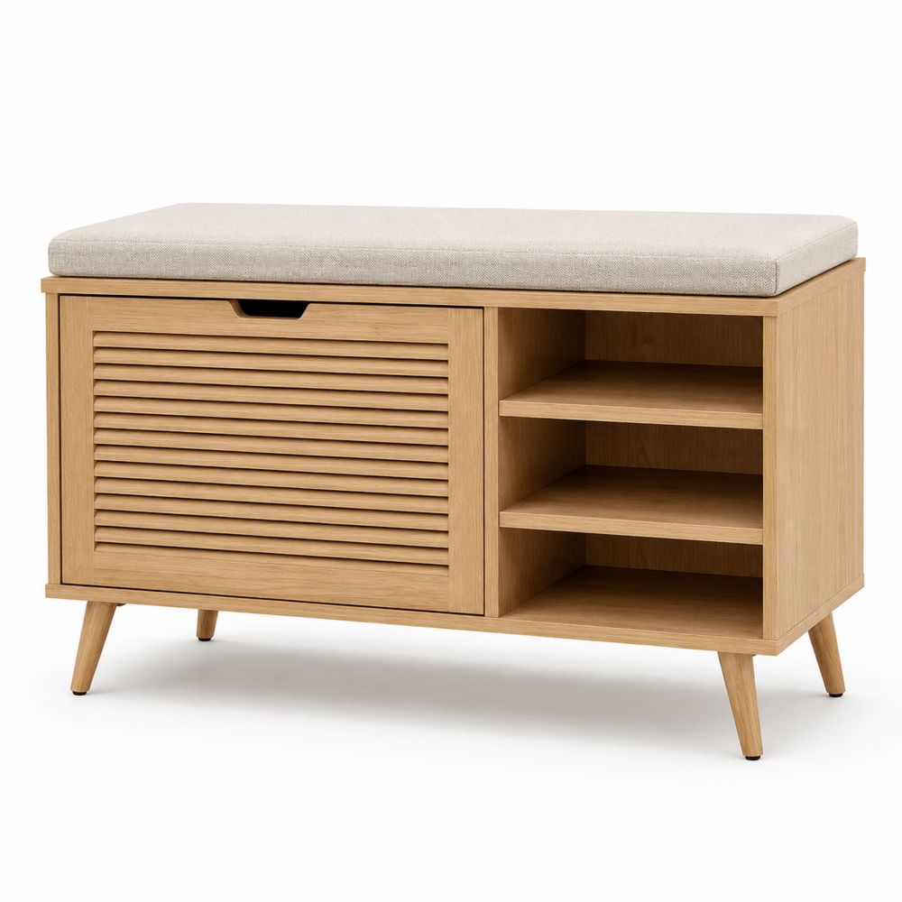 Banco zapatero de madera con cojín de lino y compartimentos 95x35x45 cm