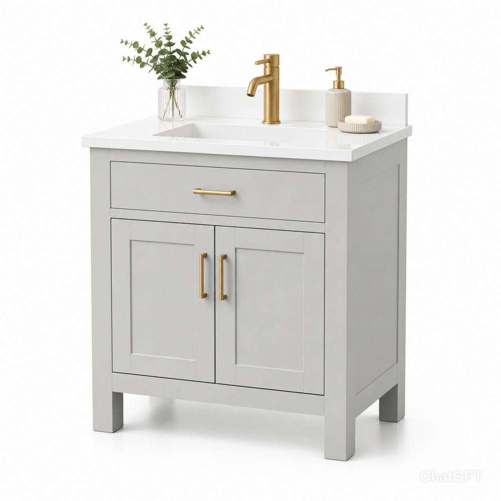 Mueble de lavabo gris con grifo de metal dorado