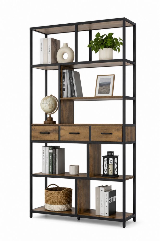 Estantería de Madera y Metal con Estantes y Cajones 180x90x30 cm Marrón/Negro