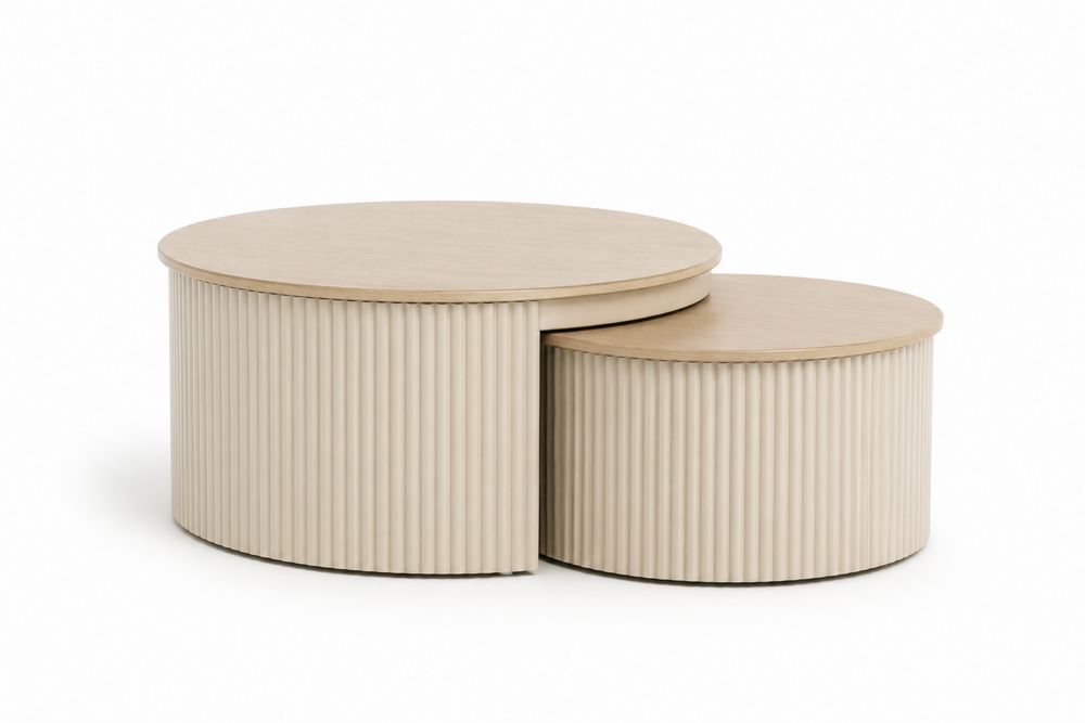 Juego de mesas nido redondas de chapa de madera y metal en Beige, Grande: diámetro 80 cm x altura 45 cm, Pequeña: diámetro 60 cm x altura 40 cm