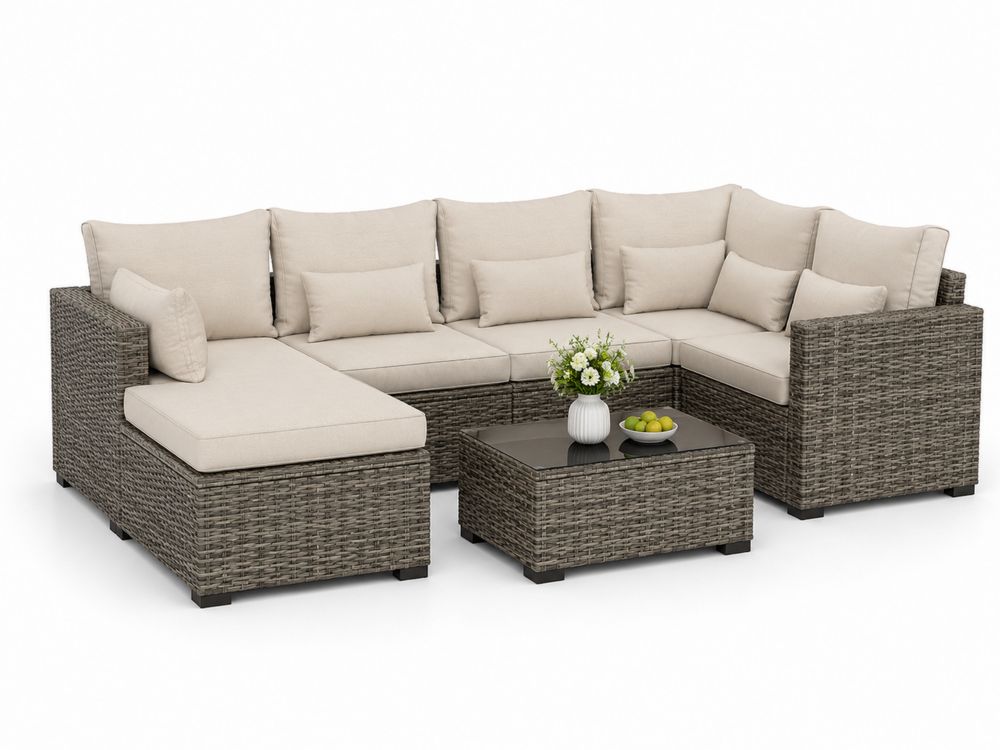 Conjunto modular de terraza en ratán sintético gris con vidrio templado