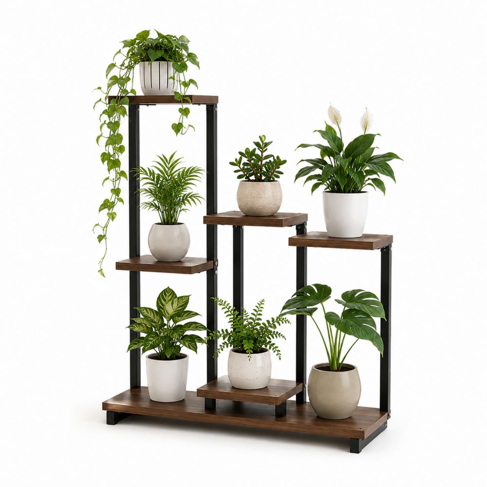 Estantería de Metal y Madera para Plantas de 5 Niveles Marrón y Negro