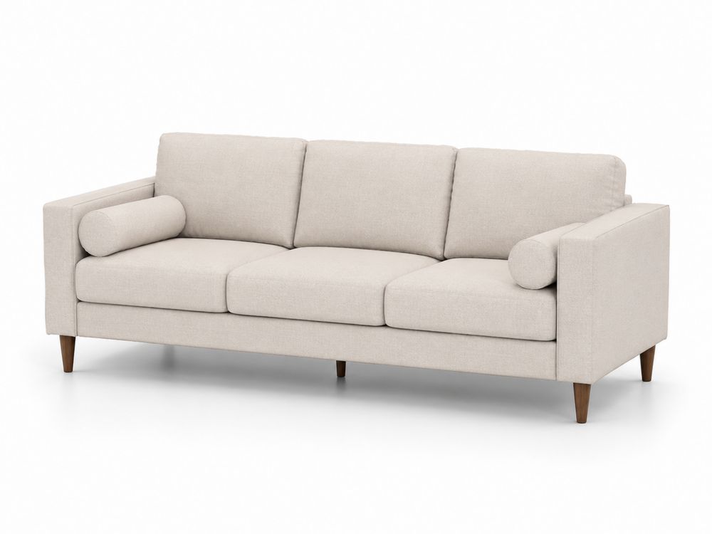 Sofá de Tela Beige de Tres Plazas con Patas de Madera