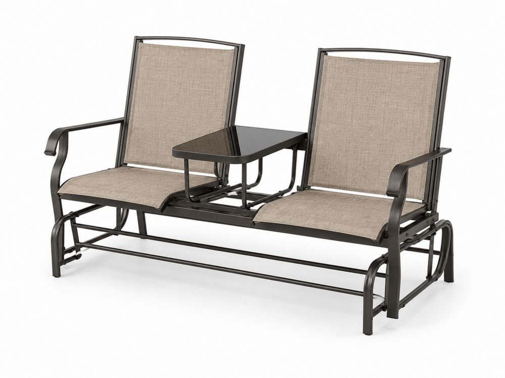 Banco de metal para dos personas con mesa de vidrio templado negro y beige