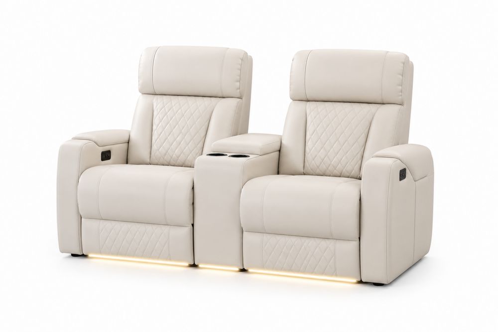 Sillón doble reclinable de cuero sintético con portavasos y luz LED