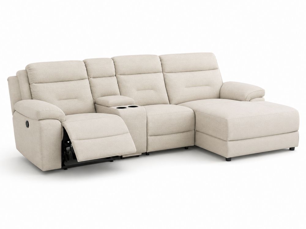 Sofá modular en L reclinable con chaise longue de tela beige