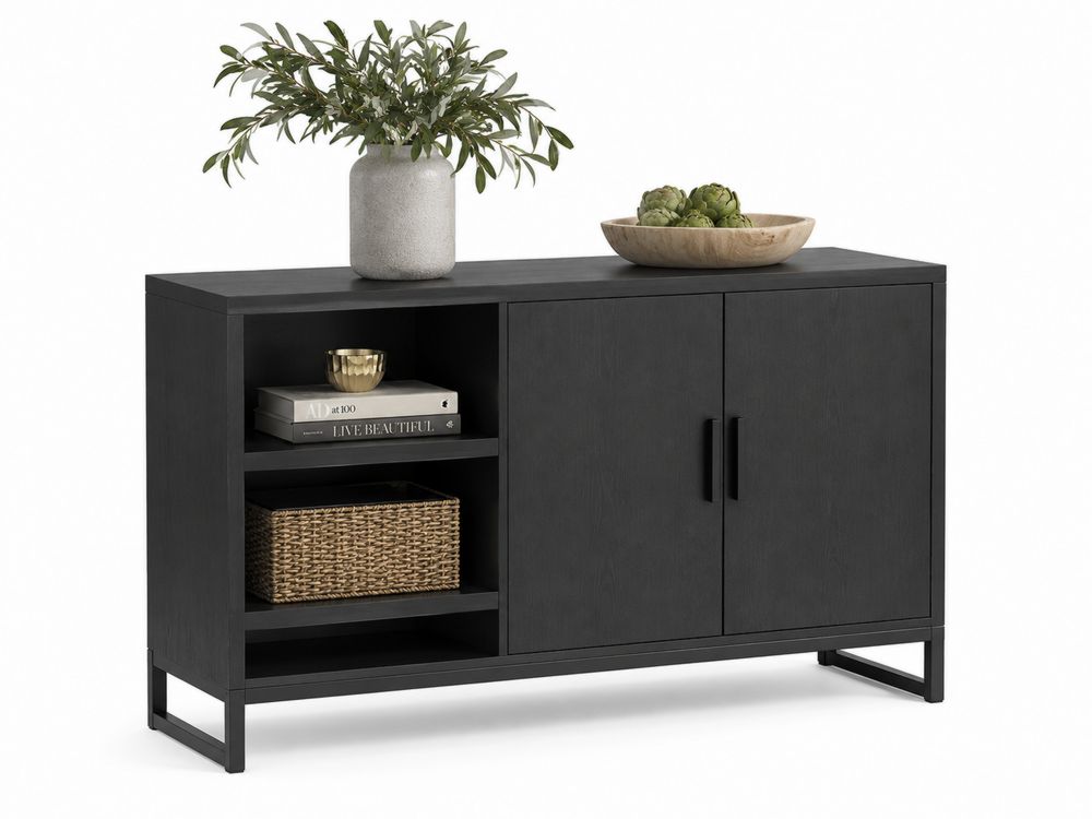 Aparador de Madera Negra con Puertas y Estantes Metálicos