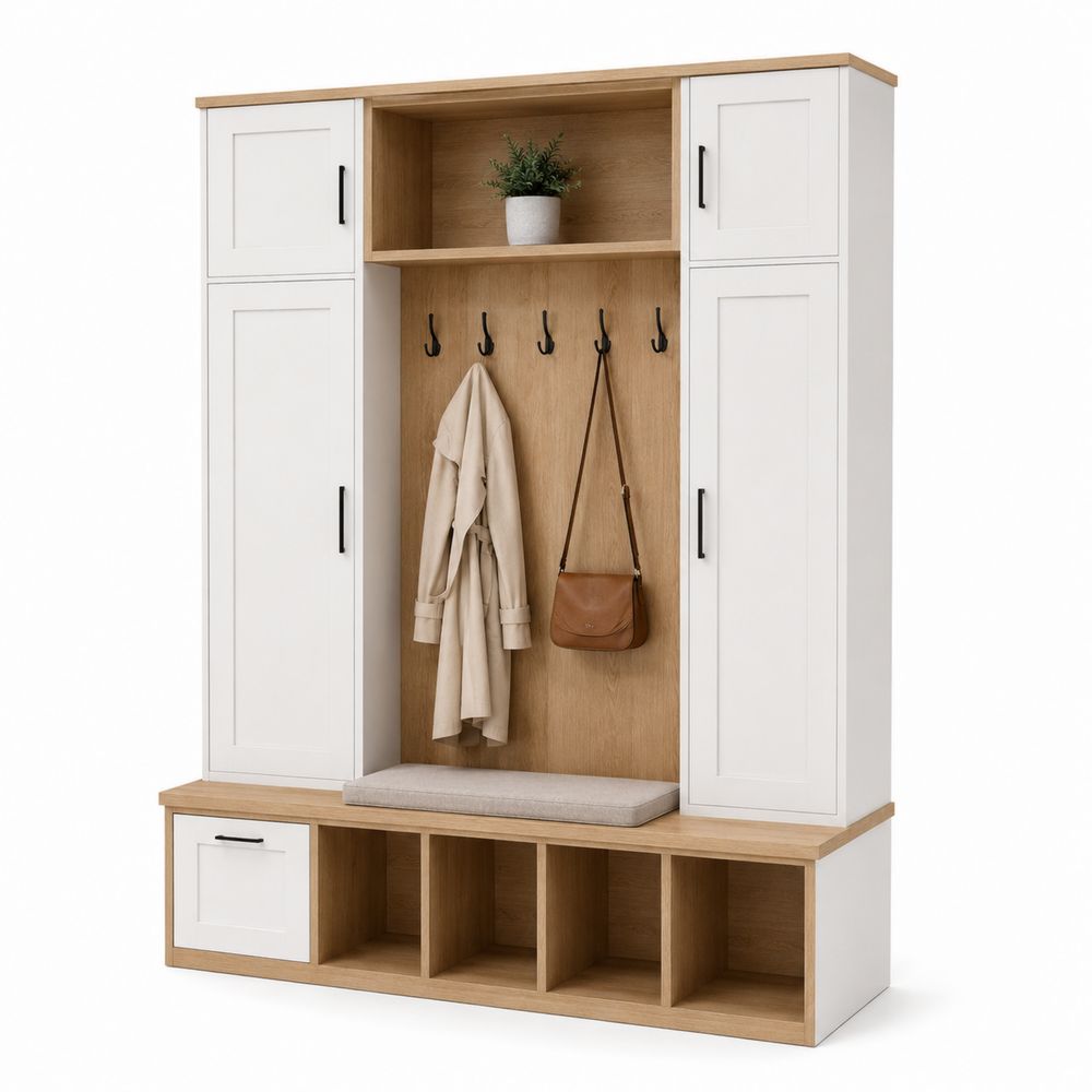 Conjunto de Perchero con Armario y Banco en Madera Aglomerada Blanco y Roble