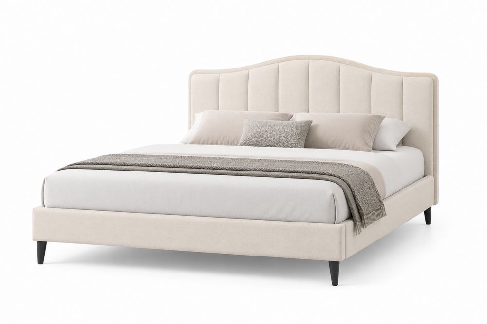 Cama de madera y poliéster beige con cabecero arqueado 200x150 cm