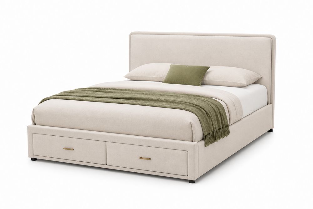 Cama de madera tapizada con cajones de tela beige