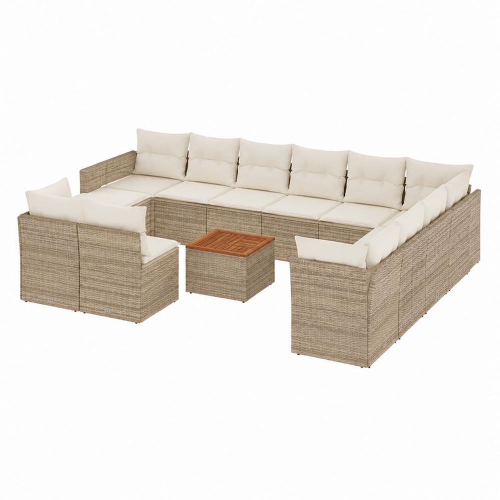 Conjunto modular de sofá de esquina en ratán PE con mesa y cojines crema, 300x300 cm-Bellacortix