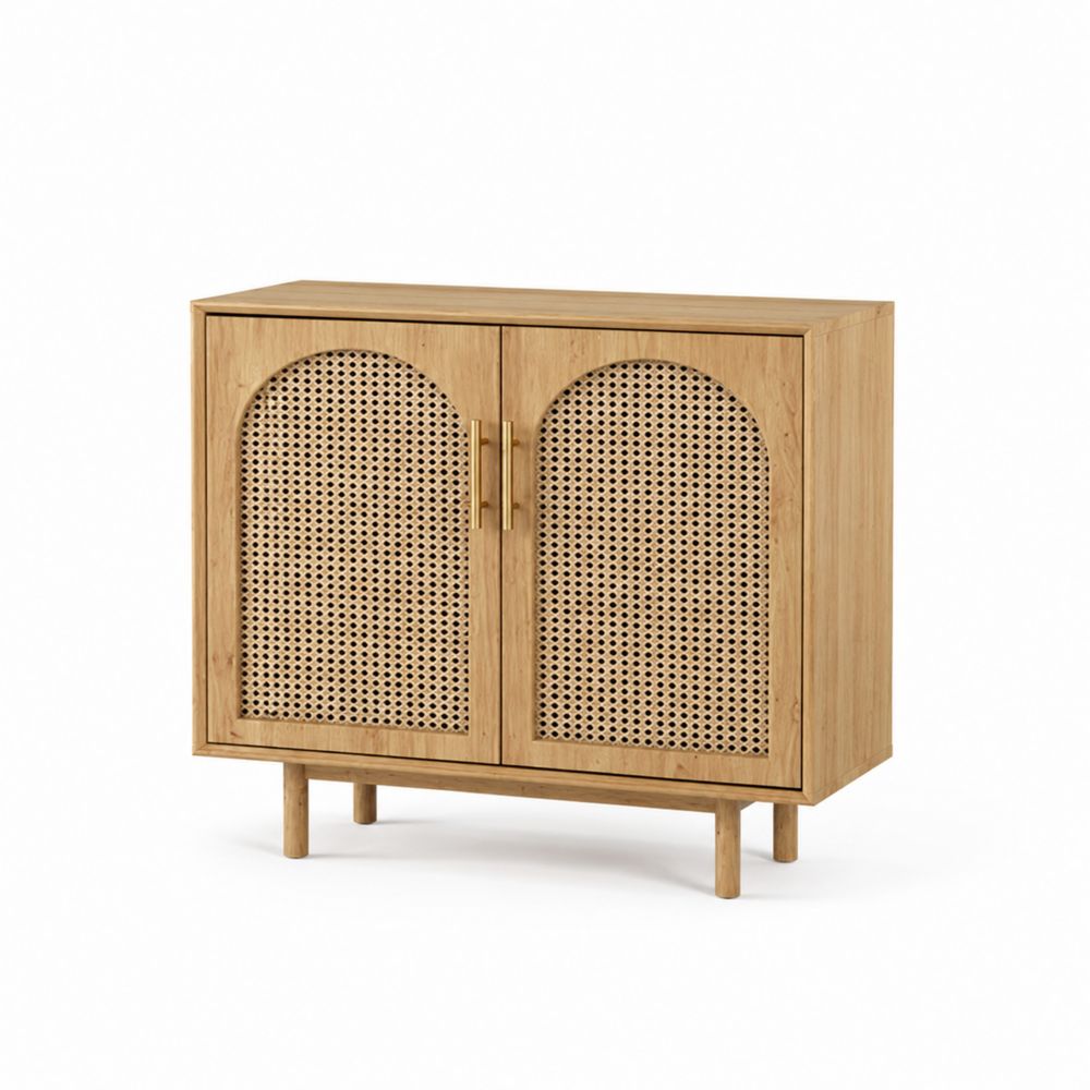 Aparador de Roble y Ratán con Puertas Arqueadas 80x90x35 cm-Bellacortix
