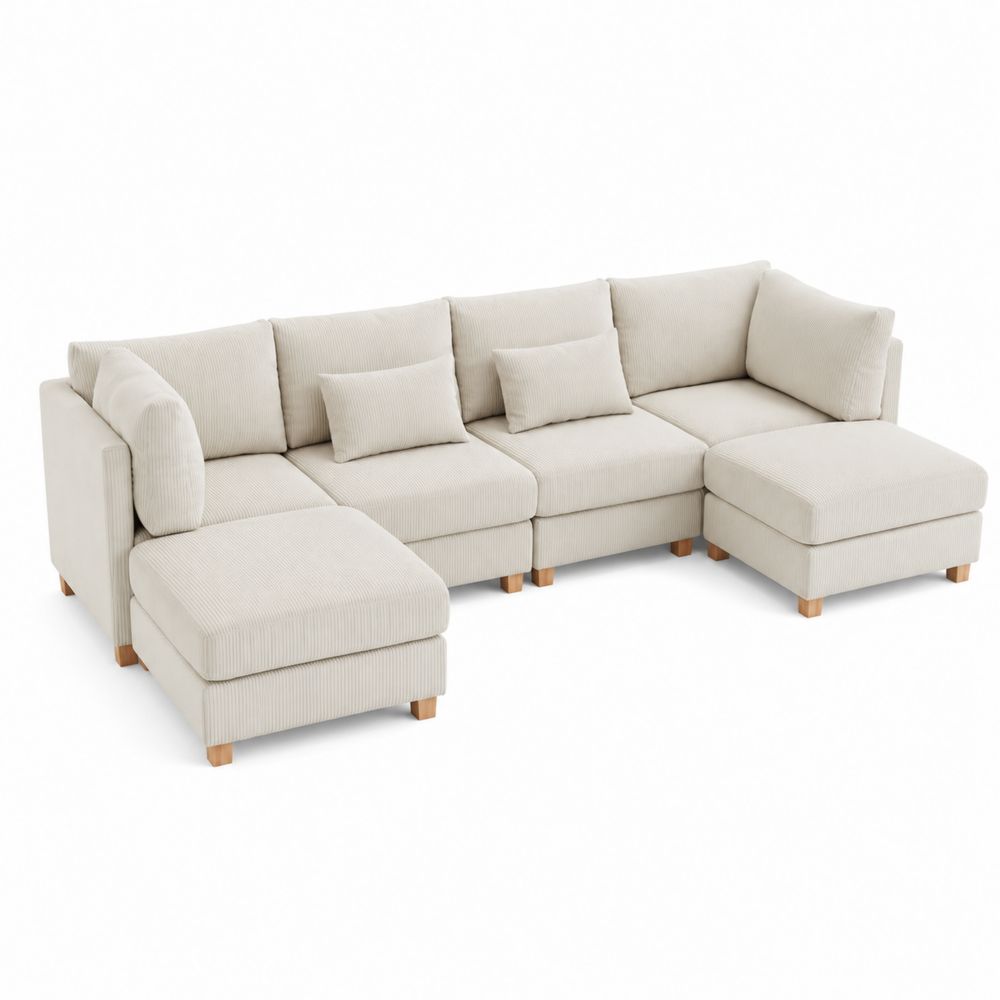 Sofá modular en forma de L de 5 plazas con tela de pana y patas de madera de haya-Bellacortix