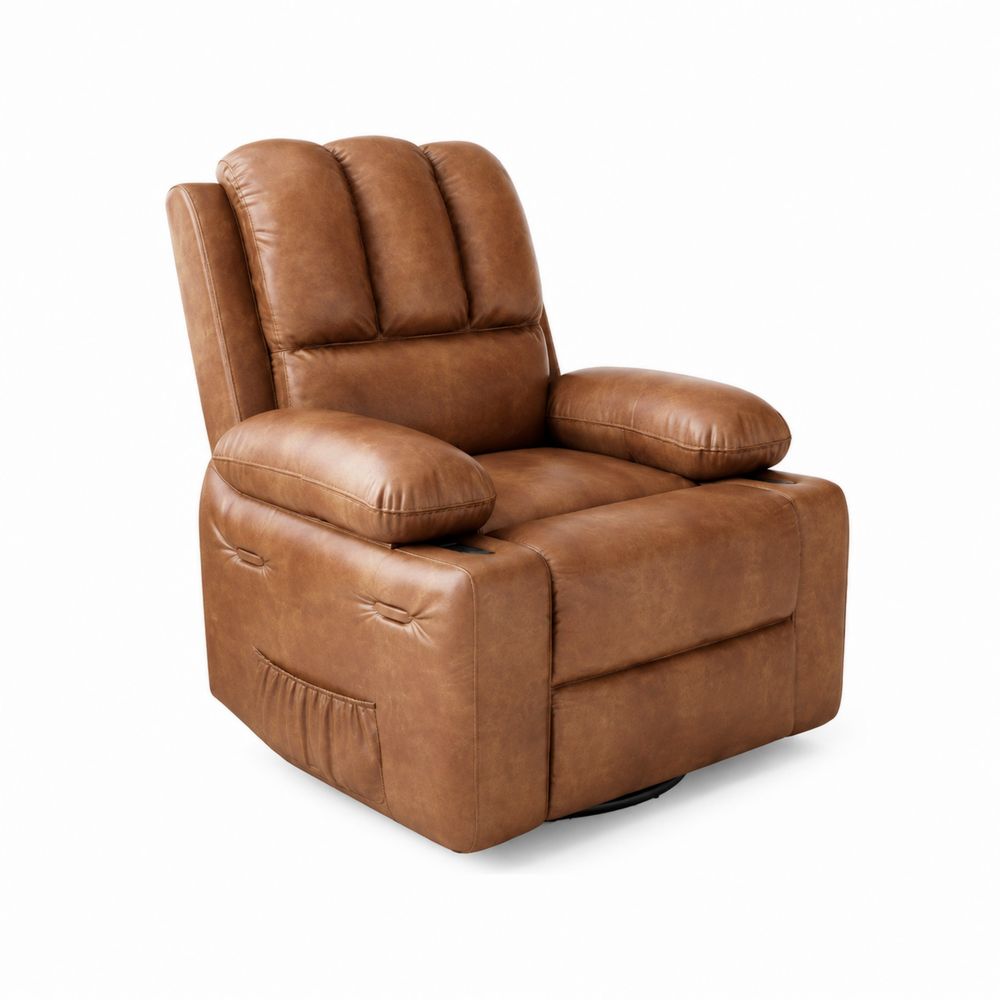 Sillón reclinable de piel sintética marrón con estructura de madera-Bellacortix