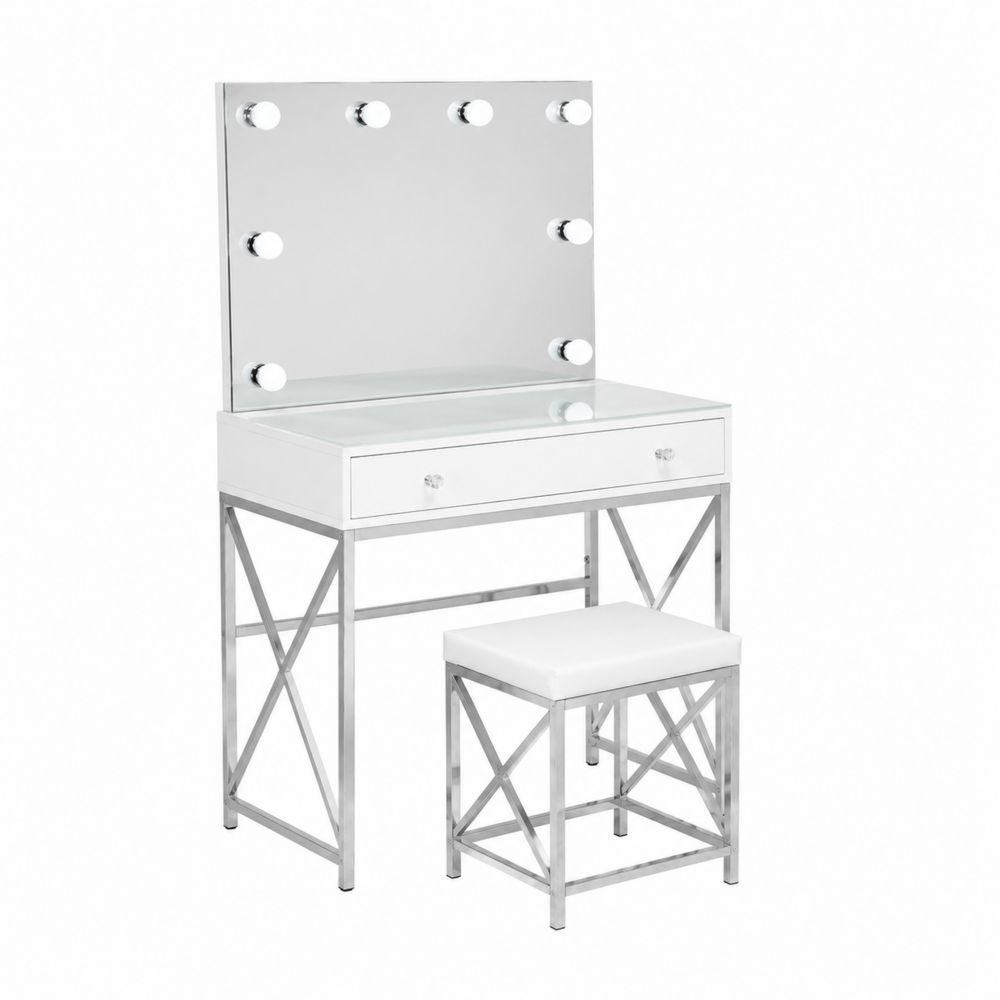 Tocador de Vidrio Templado con Espejo y Luces, 1 Cajón, Metal Cromado, Blanco-Bellacortix