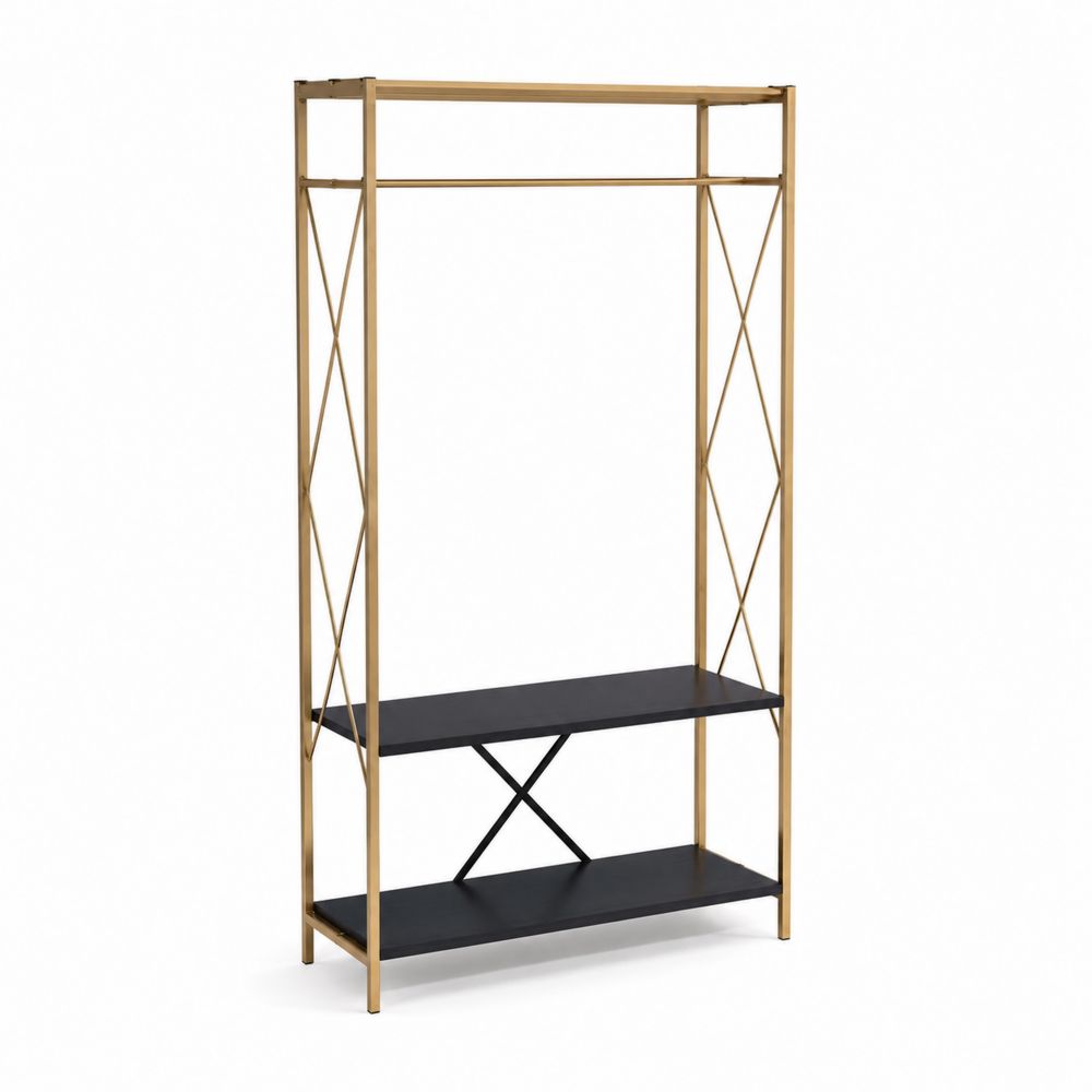 Estante perchero de acero dorado y MDF negro, 180x90x40 cm-Bellacortix