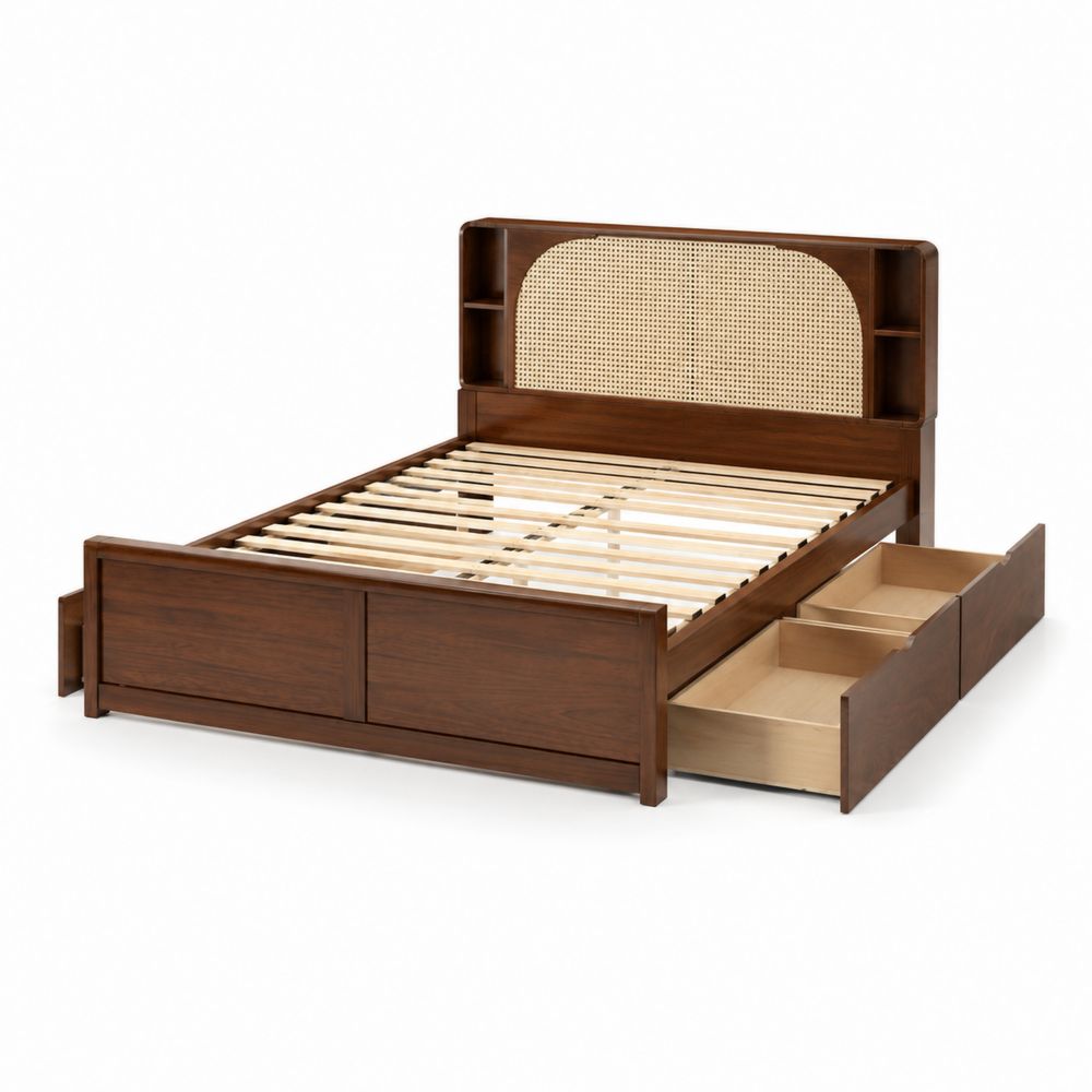 Cama de Madera con Almacenamiento y Cabezal de Ratán, 200x160 cm, Marrón-Bellacortix